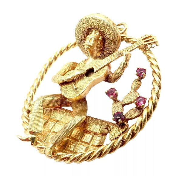 Authentic! Rudi Cherny 18k Yellow Gold Guitar Player Cactus Ruby Pendant - Picture 8 of 13